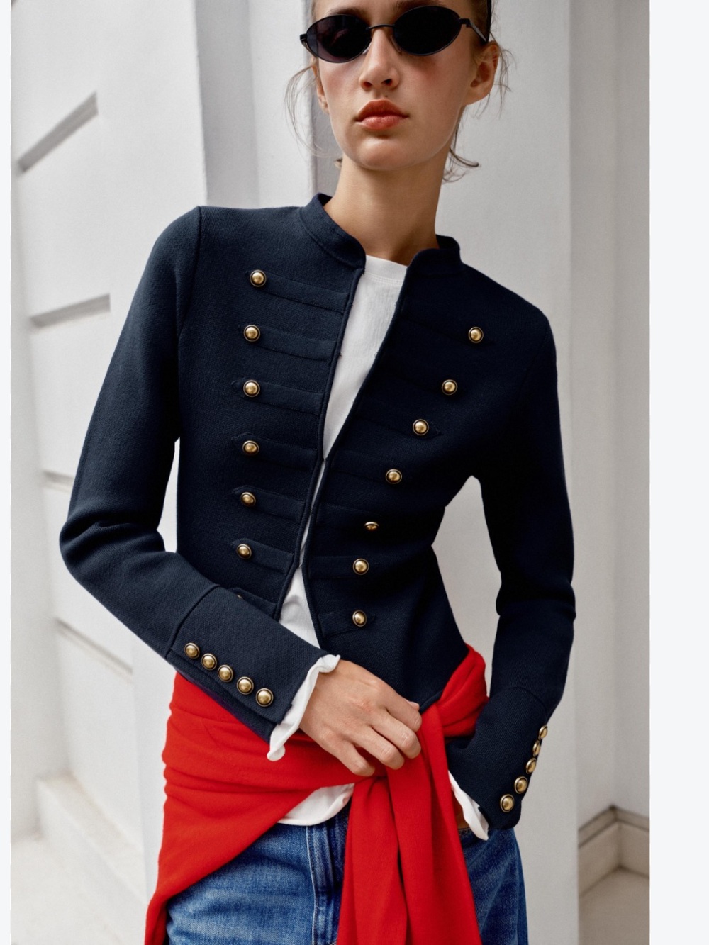 Zara Jacket w/ Buttons XL Navy Blue Gold NWT Military Tailored